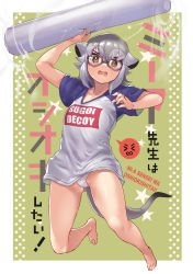 Rule 34 | 1girl, animal ears, arm up, attack, bare arms, bare legs, barefoot, blush, clothes writing, cosplay, english text, full body, glasses, hand up, highres, holding, incoming attack, kemono friends, looking at viewer, medium hair, meerkat (kemono friends), meerkat ears, meerkat tail, no pants, open mouth, panties, parody, romaji text, shirt, short sleeves, solo, sugoi dekai, t-shirt, tadano magu, tail, toes, translation request, underwear, uzaki-chan wa asobitai!, uzaki hana (cosplay), v-shaped eyebrows, wavy mouth, white panties