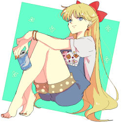 Rule 34 | 1girl, aino minako, bangle, barefoot, bishoujo senshi sailor moon, blonde hair, blue eyes, bow, bracelet, can, drink can, earrings, full body, half updo, hiki-wota, holding, holding can, hugging own legs, jewelry, long hair, nail polish, overalls, puffy short sleeves, puffy sleeves, red bow, short sleeves, simple background, sitting, smile, soda can, solo, toenail polish, toenails, very long hair