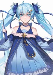 Rule 34 | 1girl, absurdres, ahoge, bare shoulders, blue dress, blue eyes, blue gloves, blue hair, blue ribbon, blue sleeves, commentary, detached sleeves, dress, earrings, elbow gloves, fingerless gloves, gloves, gold trim, hair ornament, hair ribbon, hairclip, hatsune miku, highres, holding, holding wand, jewelry, light blue hair, long hair, mallope, ribbon, simple background, snowflake hair ornament, snowflake print, solo, star (symbol), star hair ornament, star ornament, striped ribbon, twintails, very long hair, vocaloid, wand, white background, yuki miku, yuki miku (2017)