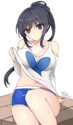 Rule 34 | 1girl, :o, ahoge, arm at side, arm support, artist name, bad id, bad twitter id, bare shoulders, black eyes, black hair, blue eyes, blue shorts, blush, breasts, brick, cleavage, clothes lift, clothing cutout, collarbone, cowboy shot, drawstring, fighter (dungeon and fighter), hair between eyes, hand up, heart, heart print, highres, huyou (awegk), knee up, large breasts, legs together, lifting own clothes, long hair, looking at viewer, midriff peek, navel, open mouth, original, ponytail, shirt, shirt hold, shirt lift, short shorts, shorts, shoulder cutout, sidelocks, sitting, solo, sweat