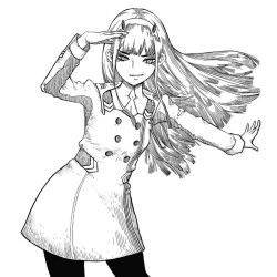Rule 34 | 1girl, arm up, blunt bangs, closed mouth, darling in the franxx, fingernails, greyscale, hairband, hatching (texture), horns, long hair, monochrome, pantyhose, simple background, sketch, smile, solo, white background, zero808w, zero two (darling in the franxx)
