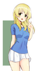Rule 34 | 1girl, arm behind back, blonde hair, carpaccio (girls und panzer), casual, commentary, cowboy shot, girls und panzer, green eyes, green shirt, highres, italian flag, long hair, looking at viewer, miniskirt, nasunael, one-hour drawing challenge, open mouth, shirt, short sleeves, skirt, smile, solo, standing, t-shirt, white skirt