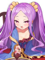 Rule 34 | 1girl, :d, blush, breasts, chinese clothes, chocolate, chocolate covered strawberry, collarbone, commentary request, downblouse, fang, fate/grand order, fate (series), food, fruit, hanfu, long hair, long sleeves, looking at viewer, matanonki, no bra, open mouth, parted bangs, purple eyes, purple hair, scrunchie, small breasts, smile, solo, strawberry, twintails, valentine, very long hair, wide sleeves, wu zetian (fate), wu zetian (first ascension) (fate)