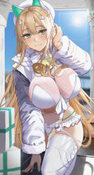 Rule 34 | 1girl, :3, bell, blonde hair, blue sky, blush, breasts, closed mouth, commentary request, gaitoou, goddess of victory: nikke, green eyes, green nails, hand up, highres, jacket, large breasts, long hair, long sleeves, looking at viewer, nail polish, outdoors, rupee (nikke), rupee (winter shopper) (nikke), sky, smile, solo, sunlight, thighhighs, white headwear, white jacket, white thighhighs