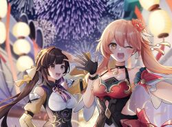 Rule 34 | 2girls, :d, ;d, arm up, bare shoulders, black choker, breasts, brown eyes, brown hair, choker, clothing cutout, commentary request, detached sleeves, dress, fireworks, guinaifen (honkai: star rail), hand up, highres, honkai: star rail, honkai (series), juliet sleeves, long hair, long sleeves, medium breasts, multiple girls, one eye closed, open mouth, orange hair, puffy sleeves, red dress, shirase (shirose), short sleeves, shoulder cutout, smile, sushang (honkai: star rail), upper body, very long hair