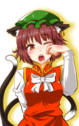 Rule 34 | 1girl, animal ears, arm behind back, blush, bow, bowtie, brown hair, cat ears, cat tail, chen, commentary request, frilled hat, frills, green hat, hat, long sleeves, looking at viewer, mob cap, multiple tails, one eye closed, open mouth, orange eyes, orange vest, shadow, shiraue yuu, short hair, solo, tail, tearing up, touhou, two tails, upper body, vest, white bow, white bowtie, yawning