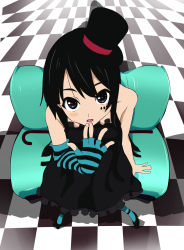 Rule 34 | 1girl, akiyama mio, aqua pantyhose, bare shoulders, black eyes, black hair, blue pantyhose, blunt bangs, cane, don&#039;t say &quot;lazy&quot;, elbow gloves, finger to mouth, fingerless gloves, from above, gloves, hat, highres, hime cut, k-on!, long hair, looking up, mini hat, mini top hat, pantyhose, perspective, sitting, solo, sue sgr u, top hat