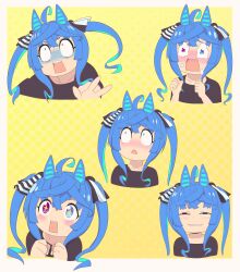 Rule 34 | + +, 1girl, ahoge, alternate hair length, alternate hairstyle, anya&#039;s heh face (meme), aqua hair, black ribbon, black shirt, blue eyes, blue hair, clenched hand, commentary, constricted pupils, cropped torso, crossed bangs, expressions, frown, gloom (expression), hair ribbon, heterochromia, highres, horse girl, looking at viewer, medium hair, meme, monmonmur, multicolored hair, open mouth, parody, purple eyes, ribbon, shirt, sidelocks, smile, smirk, spy x family, tears, twin turbo (umamusume), twintails, two-tone hair, umamusume, wavy eyes, yellow background