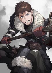 Rule 34 | 1boy, ardbert hylfyst, armor, axe, blood, bloody weapon, blue eyes, boots, brown hair, coat, feet out of frame, final fantasy, final fantasy xiv, fur-trimmed boots, fur-trimmed coat, fur trim, glaring, gloves, grin, hand guard, highres, holding, holding axe, looking at another, male focus, open mouth, red gloves, samei ikusa, scratches, short hair, shoulder armor, shoulder pads, simple background, smile, solo, teeth, weapon, wristband