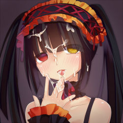 Rule 34 | 10s, 1girl, bad id, bad pixiv id, bare shoulders, black hair, blank eyes, choker, clock eyes, cum, cum in mouth, cum on tongue, date a live, empty eyes, facial, hairband, heterochromia, lolita fashion, lolita hairband, looking at viewer, mvv, red eyes, solo, symbol-shaped pupils, tears, tokisaki kurumi, tongue, twintails, yellow eyes