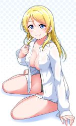 Rule 34 | 10s, 1girl, ayase eli, barefoot, black panties, blonde hair, blue eyes, breasts, collarbone, collared shirt, dress shirt, hair down, halftone, halftone background, hand on own chest, large breasts, long hair, long sleeves, love live!, love live! school idol project, nail polish, no bra, open clothes, open shirt, panties, pink nails, shirt, sitting, smile, solo, underwear, white shirt, yopparai oni