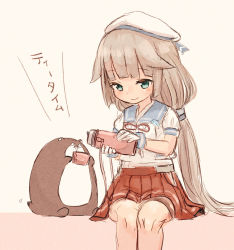 Rule 34 | 1girl, artist name, blue sailor collar, bokukawauso, commentary request, cowboy shot, gloves, green eyes, grey hair, hat, kantai collection, long hair, low twintails, mikura (kancolle), otter, pleated skirt, pouring, puffy short sleeves, puffy sleeves, red skirt, sailor collar, sailor hat, sailor shirt, shirt, short sleeves, simple background, sitting, skirt, twintails, white background, white gloves, white headwear, white shirt, wss (nicoseiga19993411)