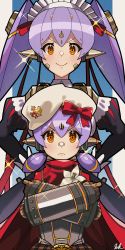 Rule 34 | 2girls, absurdres, android, beret, brown eyes, closed mouth, dual persona, flower, hat, highres, joints, kyosuke1413koba, maid headdress, multiple girls, poppi (xenoblade), poppi alpha (xenoblade), poppi qt (xenoblade), robot joints, short twintails, smile, twintails, white flower, white headwear, xenoblade chronicles (series), xenoblade chronicles 2
