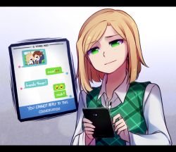 Rule 34 | 1other, androgynous, blonde hair, cellphone, collared shirt, commentary, english commentary, english text, gradient background, green eyes, green vest, head tilt, holding, holding phone, letterboxed, light smile, long sleeves, original, phone, plaid, plaid vest, sad smile, shirt, short hair, simple background, smartphone, solo, speckticuls, text messaging, upper body, vest, white shirt, wing collar