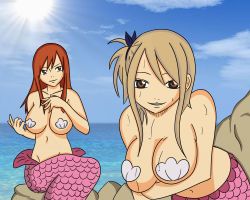 Rule 34 | alternate form, bare arms, bare shoulders, blonde hair, blush, bra, bracelet, breasts, brown eyes, cleavage, closed mouth, collarbone, erza scarlet, fairy tail, fins, fish tail, full body, green eyes, green hair, groin, hair tie, hand tattoo, hand up, highres, jewelry, large breasts, long hair, looking down, lucy heartfilia, matching hair/eyes, mermaid, mermaid transformation, monster girl, multiple girls, navel, necklace, pearl bracelet, pearl necklace, short hair, sky, space, star (sky), star (symbol), starry sky, surprised, tail, tattoo, transformation, twintails, underboob, underwear