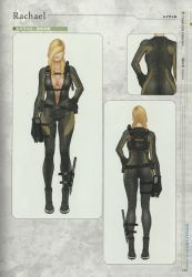 Rule 34 | 1girl, ass, blonde hair, bodysuit, breasts, capcom, character sheet, cleavage, concept art, diving suit, female focus, gloves, gun, hair over eyes, harness, holster, knife, large breasts, lips, open clothes, parted lips, rachael foley, resident evil, resident evil: revelations, solo, thigh strap, unzipped, weapon, wetsuit