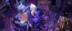 Rule 34 | 6+girls, absurdres, ako (blue archive), ako (dress) (blue archive), armband, arms behind back, ass, black hair, black skirt, blue archive, blue dress, blue eyes, blue hair, blue halo, breasts, candle, closed mouth, couch, cup, dress, drinking glass, halo, highres, hina (blue archive), hina (dress) (blue archive), horns, indoors, instrument, large breasts, long hair, looking at viewer, meinoss, multiple girls, piano, pleated skirt, ponytail, purple dress, purple eyes, purple halo, sitting, skirt, standing, white hair, wine glass