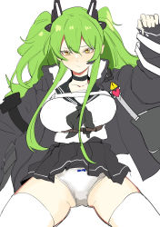 Rule 34 | 1girl, absurdres, bag, banssee, black choker, black jacket, black necktie, black ribbon, black skirt, blush, bow, bow panties, breasts, choker, clothes lift, collarbone, girls&#039; frontline, green hair, hair ribbon, hand up, highres, jacket, large breasts, long hair, looking at viewer, m950a (girls&#039; frontline), m950a (mod3) (girls&#039; frontline), necktie, on floor, panties, ribbon, shirt, sitting, skirt, skirt lift, solo, thighhighs, thighs, twintails, underwear, white background, white panties, white shirt, white thighhighs, yellow eyes