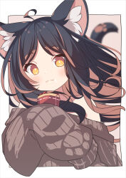 Rule 34 | 1girl, ahoge, animal ear fluff, animal ears, black hair, blush, brown sweater, cat ears, cat tail, closed mouth, crepe, daidai ookami, food, food on face, highres, holding, holding food, long hair, looking at viewer, multicolored hair, off-shoulder sweater, off shoulder, orange eyes, orange hair, original, ribbed sweater, sleeves past fingers, sleeves past wrists, solo, sweater, tail, upper body