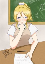 Rule 34 | 1girl, artist name, artist request, ayase eli, blonde hair, blue eyes, blush, bow, bowtie, breasts, collared shirt, female focus, green bow, hair between eyes, hair ornament, hair scrunchie, half-closed eyes, hand on own chin, high ponytail, holding, holding paper, indoors, long hair, long sleeves, looking at viewer, love live!, love live! school idol project, medium breasts, otonokizaka school uniform, paper, parted lips, ponytail, school uniform, scrunchie, shirt, short hair, short sleeves, smile, solo, striped, striped bow, sweater vest, table, upper body, vest, white scrunchie, white shirt, yellow vest