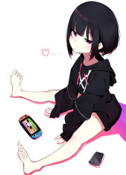Rule 34 | 1girl, black hair, blunt bangs, bob cut, cellphone, colored shadow, full body, handheld game console, heart, hood, hoodie, ichiki 1, looking at viewer, looking to the side, nintendo, nintendo switch, original, outstretched legs, phone, red eyes, shadow, short hair, simple background, sitting, sleeves past wrists, smartphone, solo, white background