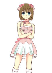 Rule 34 | 00s, 1girl, amami haruka, blue eyes, bow, brown hair, crossed arms, cute &amp; girly (idolmaster), fur trim, gunp, idolmaster, idolmaster (classic), idolmaster 1, looking at viewer, mori kouichirou, neck ribbon, pink bow, ribbon, simple background, snow strawberry, solo, white background