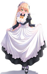 Rule 34 | 1girl, alternate costume, apron, black footwear, blonde hair, blush, bowtie, breasts, character hair ornament, cleavage, cleavage cutout, clothing cutout, enmaided, fang, full body, green eyes, hair ornament, highres, hololive, juliet sleeves, large breasts, long hair, long sleeves, looking at viewer, maid, maid apron, maid headdress, mary janes, momosuzu nene, neck bell, nekko (momosuzu nene), open mouth, orange bow, orange bowtie, puffy sleeves, shoes, skin fang, skirt hold, smile, socks, suicabar72, very long hair, virtual youtuber, white apron, white background, white socks