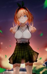 Rule 34 | 1girl, blue eyes, blush, bow, breasts, checkered clothes, checkered skirt, crying, crying with eyes open, double v, falling leaves, go-toubun no hanayome, green ribbon, hair between eyes, hair ribbon, highres, landscape, large breasts, leaf, long sleeves, looking at viewer, medium breasts, nakano yotsuba, night, night sky, orange hair, outstretched arms, ribbon, shirt, short hair, skirt, sky, smile, solo, spanish commentary, standing, suspender skirt, suspenders, tears, thighs, v, water, white shirt, z arts96
