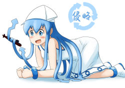 Rule 34 | 1girl, :d, all fours, animal hat, ankle boots, anklet, bare shoulders, blue eyes, blue hair, blush, boots, bracelet, clenched hands, delta (submarine), dress, evil smile, flat chest, hair between eyes, hat, ikamusume, jewelry, kama iruka, long hair, matching hair/eyes, military, open mouth, prehensile hair, profile, shadow, shinryaku! ikamusume, sidelocks, simple background, smile, solo, staring, submarine, tentacle hair, tentacles, toy, very long hair, watercraft, white background, white dress