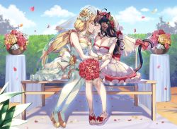 Rule 34 | 2girls, animal ears, bad id, bad pixiv id, bare shoulders, bench, black hair, blonde hair, blue sky, bouquet, bow, breasts, brown footwear, cat ears, cat girl, cat tail, cleavage, closed eyes, closed mouth, cloud, collarbone, commentary, copyright request, day, dress, flower, frilled dress, frills, hair flower, hair ornament, high heels, imminent kiss, long hair, medium breasts, multiple girls, outdoors, petals, pinb, pink footwear, pleated dress, profile, red bow, red flower, red rose, rose, sandals, see-through, shoes, sky, strapless, strapless dress, symbol-only commentary, tail, tail bow, tail ornament, tail raised, thighhighs, veil, very long hair, wedding dress, white bow, white dress, white flower, white legwear, white rose, yellow flower, yellow rose, yuri