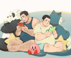 Rule 34 | 2boys, absurdres, arm hair, back-to-back, bara, barefoot, beard stubble, belly, black hair, blue shorts, blue tank top, blush stickers, chest hair peek, closed eyes, commentary, couple, creatures (company), crossed legs, daisukebear, english commentary, facial hair, fat, fat man, foot hair, full body, game freak, gen 1 pokemon, gen 6 pokemon, hairy, handheld game console, highres, holding, holding handheld game console, kirby, kirby (series), leg hair, looking at viewer, male focus, mature male, mouth hold, multiple boys, muscular, muscular male, nintendo, nintendo 3ds, original, pangoro, pectoral cleavage, pectorals, playing games, pokemon, pokemon (creature), red shorts, shirt, short hair, shorts, sideburns, sitting, sleeping, smile, snorlax, stalk in mouth, stubble, t-shirt, tank top, toes, yaoi, zzz