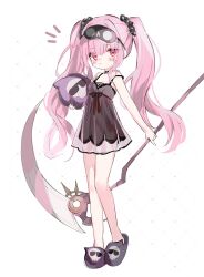 Rule 34 | 1girl, aged down, babydoll, blush, death-sensei (mori calliope), full body, hair ornament, hair scrunchie, highres, holding, holding scythe, hololive, hololive english, long hair, looking at viewer, mori calliope, pink eyes, pink hair, scrunchie, scythe, shouu-kun, sleep mask, slippers, solo, standing, twintails, very long hair, virtual youtuber, white background