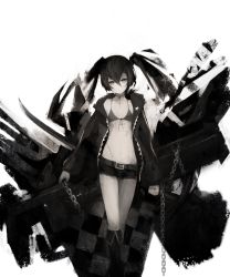 Rule 34 | 1girl, belt, bikini, bikini top only, black bikini, black footwear, black hair, black rock shooter, black rock shooter (character), black shorts, boots, chain, flat chest, front-tie bikini top, front-tie top, grey eyes, greyscale, gyup91, hair between eyes, head tilt, highres, knee boots, long hair, looking at viewer, midriff, monochrome, navel, ringed eyes, scar, short shorts, shorts, simple background, solo, standing, stomach, swimsuit, twintails, white background