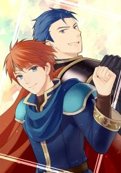 Rule 34 | 2boys, armor, back-to-back, belt, blue cape, blue eyes, blue hair, breasts, cape, clenched hand, clenched hands, clenched teeth, closed mouth, eliwood (fire emblem), fire emblem, fire emblem: the blazing blade, fist bump, friends, grin, headband, hector (fire emblem), kiyuu, large breasts, looking at viewer, looking back, male focus, multiple boys, neck, nintendo, pauldrons, red cape, red hair, short hair, shoulder armor, smile, teeth, tiara