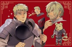 Rule 34 | 1boy, alternate facial hair, alternate hairstyle, animal ears, armor, beard, blonde hair, body fur, border, bracer, chicken (food), chicken leg, clenched teeth, closed mouth, deformed, dog boy, dog ears, dog tail, dungeon meshi, eating, facial hair, food, frying pan, furrification, furry, furry male, hands up, highres, holding, holding frying pan, holding spatula, kentret, laios touden, long sleeves, looking at viewer, male focus, multiple views, ornate border, outside border, pauldrons, red background, short hair, shoulder armor, smile, sparkling aura, spatula, standing, tail, tail wagging, teeth, upper body, very short hair, yellow border, yellow eyes, yellow fur