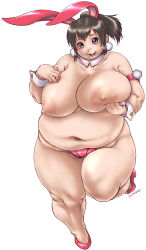 Rule 34 | 1girl, animal ears, artist request, black eyes, black hair, breasts, fat, highres, huge breasts, looking at viewer, navel, nipples, obese, open mouth, panties, simple background, smile, solo, tanuma yuuichirou, thick thighs, thighs, topless, underwear, white background