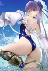 Rule 34 | 1girl, :o, ass, bare shoulders, blue bow, blue choker, blue one-piece swimsuit, blue sky, bow, breasts, casual one-piece swimsuit, choker, cloud, day, fate/grand order, fate (series), frilled one-piece swimsuit, frills, from behind, hair bow, highres, long hair, long sleeves, looking at viewer, looking back, meltryllis, meltryllis (fate), meltryllis (swimsuit lancer) (fate), meltryllis (swimsuit lancer) (second ascension) (fate), nyatabe, off-shoulder one-piece swimsuit, one-piece swimsuit, outdoors, outstretched arms, parted lips, prosthesis, prosthetic leg, puffy long sleeves, puffy sleeves, purple eyes, purple hair, sideboob, sky, sleeves past fingers, sleeves past wrists, small breasts, solo, standing, standing on one leg, swimsuit, thighs, very long hair, wading, water