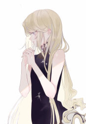 Rule 34 | 1girl, absurdly long hair, absurdres, bare shoulders, black dress, blonde hair, blush, dress, expressionless, flat chest, highres, interlocked fingers, long hair, msa (fary white), original, own hands together, profile, purple eyes, simple background, sleeveless, sleeveless dress, slit pupils, solo, sparkle, swirl, upper body, very long hair, white background
