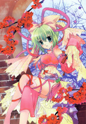 Rule 34 | 1girl, china dress, chinese clothes, detached sleeves, dress, hand fan, flower, green hair, greenwood, highres, midori (greenwood), non-web source, original, ribbon, short hair, sitting, solo, source request, tree, wall, xianglong
