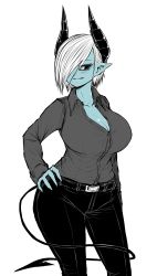 Rule 34 | 1girl, absurdres, belt, belt buckle, black pants, black sclera, blouse, blue skin, breasts, buckle, buttons, cleavage, colored sclera, colored skin, grey shirt, hand on own hip, highres, horns, huge breasts, legs, limited palette, musuko ga kawaikute shikatanai mazoku no hahaoya, pants, pointy ears, shirt, short hair, smile, teresa (mazohaha), thighs, white background, white eyes, white hair, wide hips, zyugoya