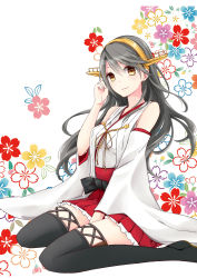 Rule 34 | 10s, 1girl, absurdres, black hair, brown eyes, floral background, hair ornament, hairband, hairclip, haruna (kancolle), headgear, highres, japanese clothes, kafunshou, kantai collection, long hair, looking at viewer, nontraditional miko, skirt, smile, solo, thighhighs