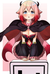 Rule 34 | 1girl, :o, arm support, black cloak, black dress, black sleeves, blue eyes, breasts, cleavage, cloak, clothing cutout, detached sleeves, dress, eyebrows hidden by hair, frilled sleeves, frills, gradient hair, hair between eyes, highres, hood, hood down, hooded cloak, long sleeves, looking at viewer, medium breasts, multicolored hair, navel, navel cutout, original, parted lips, pink background, pink hair, red hair, shipii (jigglypuff), sleeves past wrists, solo, two-tone background, white background