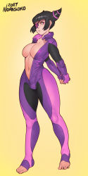 Rule 34 | 1girl, :&lt;, alternate breast size, arms behind back, barefoot, biker clothes, bikesuit, black hair, bodysuit, breasts, cleavage, curvy, eyepatch, feet, female focus, full body, han juri, highres, interlocked fingers, large breasts, navel, no bra, norasuko, one-eyed, purple eyes, short hair, simple background, solo, standing, stomach, street fighter, street fighter v, stretching, thick thighs, thighs, toeless legwear, toes, unzipped
