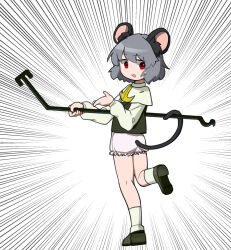 Rule 34 | 1girl, animal ears, bloomers, capelet, commentary request, cookie (touhou), dowsing rod, full body, grey footwear, grey hair, grey vest, highres, kakusou, long sleeves, looking at viewer, looking to the side, medium bangs, mouse ears, mouse girl, mouse tail, nazrin, no pants, nyon (cookie), open mouth, red eyes, shirt, shoes, short hair, simple background, smile, socks, solo, standing, standing on one leg, tail, touhou, underwear, vest, white background, white bloomers, white capelet, white shirt, white socks