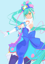 Rule 34 | 1girl, back bow, blue background, blue bow, blue dress, blue hair, blue pantyhose, blue skirt, bow, clothing cutout, commentary, cowboy shot, cure spicy, delicious party precure, dress, from side, fuwa kokone, gloves, green eyes, hair bow, high-waist skirt, highres, huge bow, jj (ssspulse), light smile, long hair, looking at viewer, magical girl, medium skirt, multicolored hair, pantyhose, pink hair, precure, puffy short sleeves, puffy sleeves, shirt, short sleeves, shoulder cutout, simple background, skirt, solo, standing, streaked hair, two-tone hair, very long hair, white gloves, white shirt
