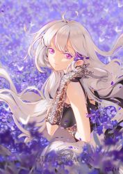 Rule 34 | 1girl, absurdres, ai dongdong, black dress, breasts, bug, butterfly, douluo dalu, dress, flower, gloves, gu yuena, hair ornament, highres, insect, lace, lace gloves, large breasts, long hair, petals, purple flower, silver hair
