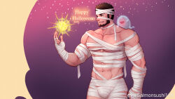 Rule 34 | 1boy, abs, avenger (dungeon and fighter), bandaged chest, bandaged head, bandages, bara, black hair, bulge, cowboy shot, dark-skinned male, dark skin, dungeon and fighter, fire, ghost, halloween, halloween costume, happy birthday, highres, kulolin, large pectorals, male focus, male priest (dungeon and fighter), mature male, mummy costume, muscular, muscular male, naked bandage, navel, nipples, pectorals, priest (dungeon and fighter), pyrokinesis, red eyes, short hair, solo, standing, stomach, thick eyebrows