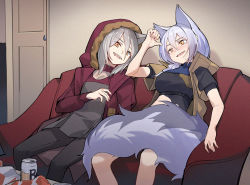 Rule 34 | 2girls, :d, animal ears, arknights, beer can, black legwear, black shirt, blush, breasts, can, chinese commentary, commentary request, corrupted metadata, dress, drink can, drunk, feet out of frame, female focus, fur-trimmed jacket, fur trim, grey dress, grey hair, hand up, hood, hooded jacket, indoors, jacket, large breasts, large tail, long sleeves, meme, multiple girls, nian (zhanian), open clothes, open jacket, open mouth, pantyhose, parody, projekt red (arknights), provence (arknights), red jacket, shirt, short dress, short hair, short sleeves, sitting, smile, tail, wolf ears, wolf tail, yellow eyes