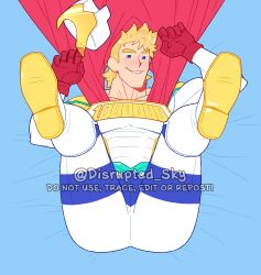 Rule 34 | 1boy, absurdres, ass, bara, blonde hair, blue eyes, blush, boku no hero academia, feraltintinsimp, highres, large pectorals, looking at viewer, lying, male focus, muscular, muscular male, on back, pants, pectorals, presenting, short hair, smile, solo, spiked hair, spread legs, star (symbol), starry background, togata mirio