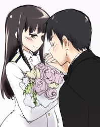 Rule 34 | 1boy, 1girl, bad id, bad pixiv id, black hair, bouquet, brown eyes, closed eyes, flower, happy tears, hetero, hijikata keisuke, jewelry, kiss, military, military uniform, mozu (peth), no eyepatch, ring, sakamoto mio, simple background, smile, strike witches, tears, uniform, wedding band, wedding ring, white background, world witches series